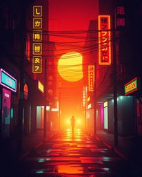 Explore an unsettling cyberpunk street scene rendered in a pixelated glitch aesthetic. Bathed in a warm golden hour glow just