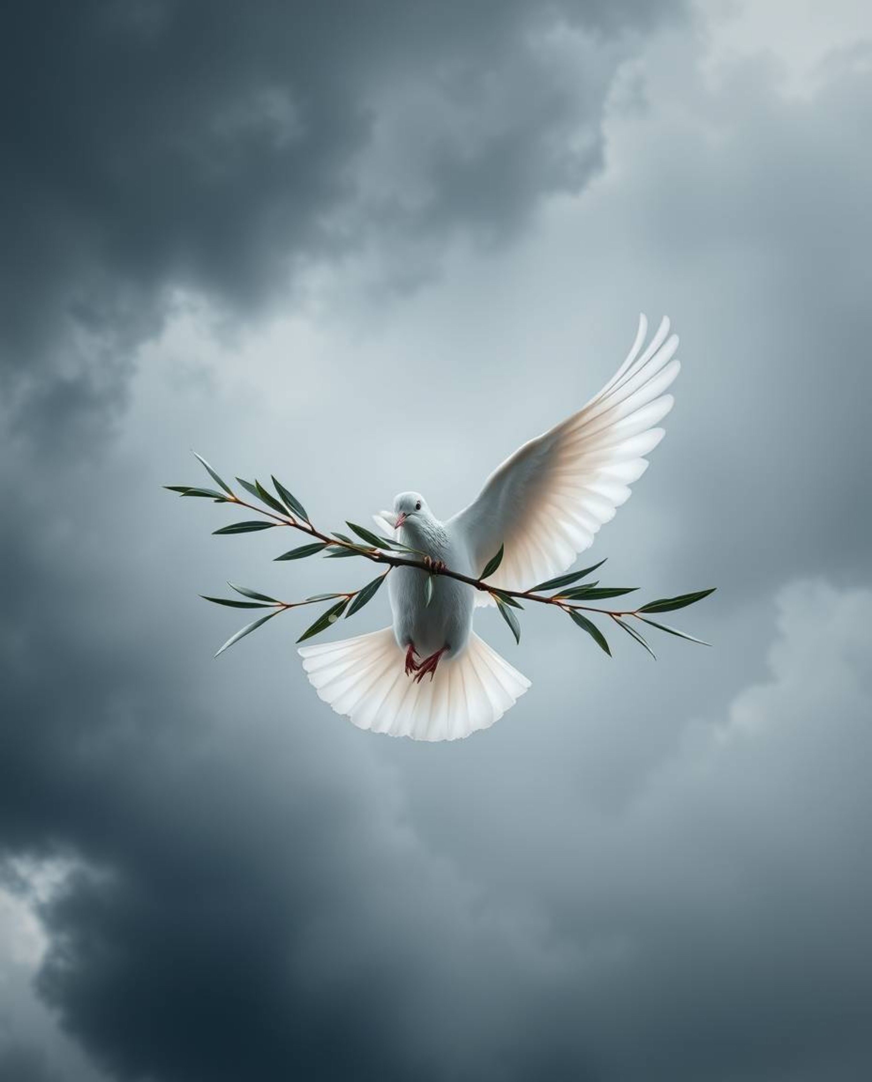 This high-resolution stock photo depicts a dove carrying an olive branch through turbulent, stormy skies, symbolizing hope an