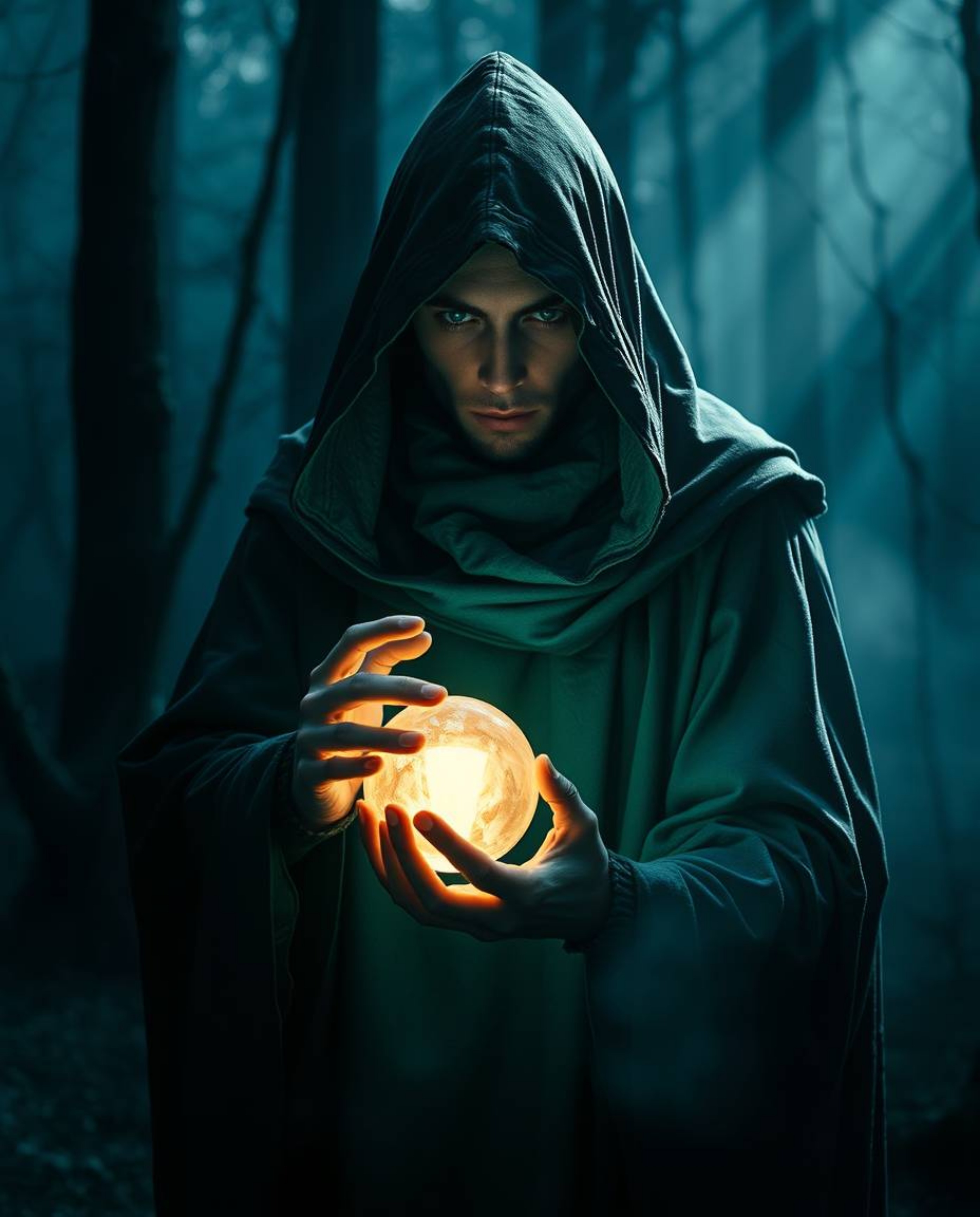 A captivating photorealistic image depicts a cloaked figure, bathed in rich teal tones and dramatic lighting, holding a glowi