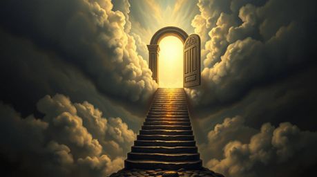 A fantasy realism painting depicting an unsettling heavenly gate floating above the clouds, rendered in an eerie and creepy s