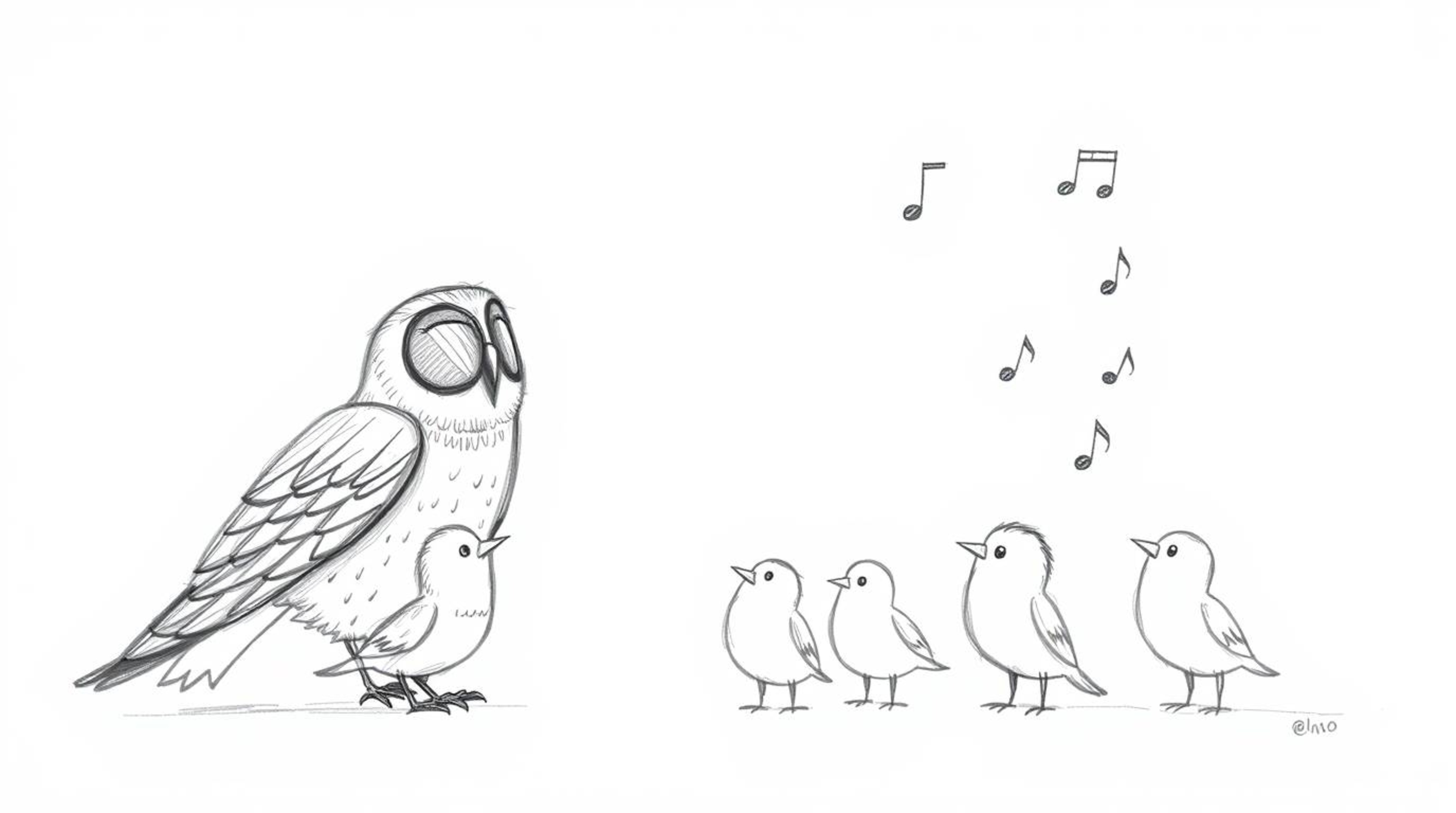 A charming Pixar-style hand-drawn sketch depicts a blind owl, rendered with textured pencil strokes, imparting invaluable fli