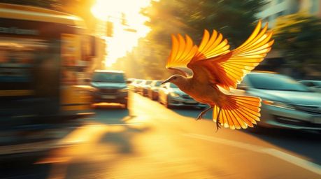 Experience the warm, golden glow and dynamic motion of a fast-running bird as it zooms past blurred traffic. This radiant and