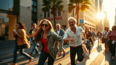 Immerse yourself in the raw energy of candid street photography, capturing a thrilling chase scene with exaggerated squash an
