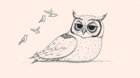 A heartwarming hand-drawn sketch in the style of Pixar depicts a wise, blind owl with soft, feathery texture resting peaceful