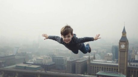 A captivating image of a young boy soaring above the hazy London skyline, enhanced by a soft cinematic haze that beautifully 