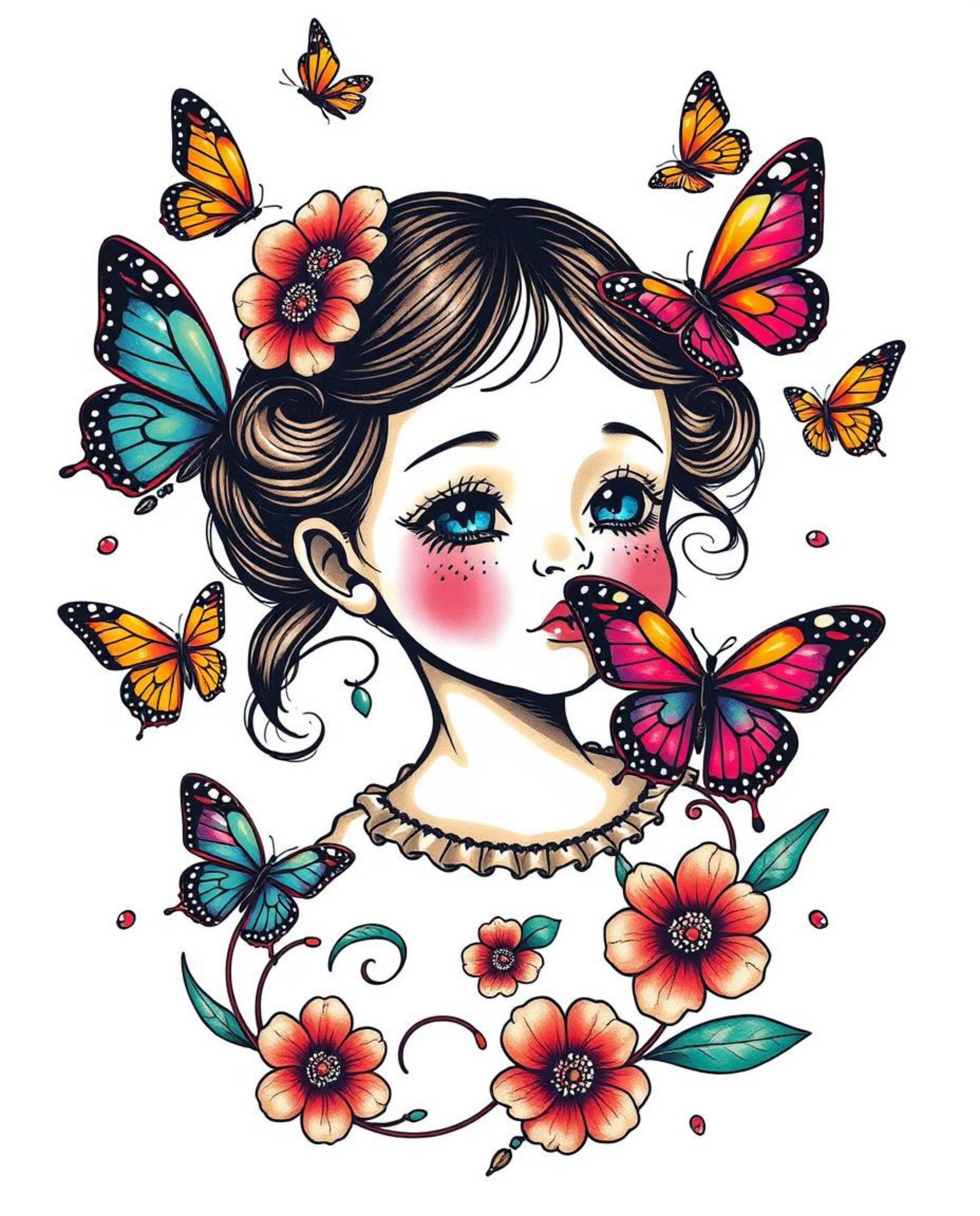 This art print features a charming girl releasing vibrant butterflies in a symbolic traditional tattoo style.  The artwork bo