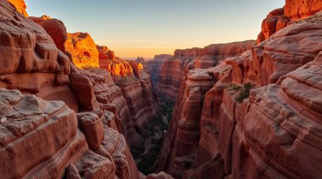 Experience the breathtaking beauty of a rocky canyon bathed in warm sunset hues. This high-contrast, low-key image showcases 