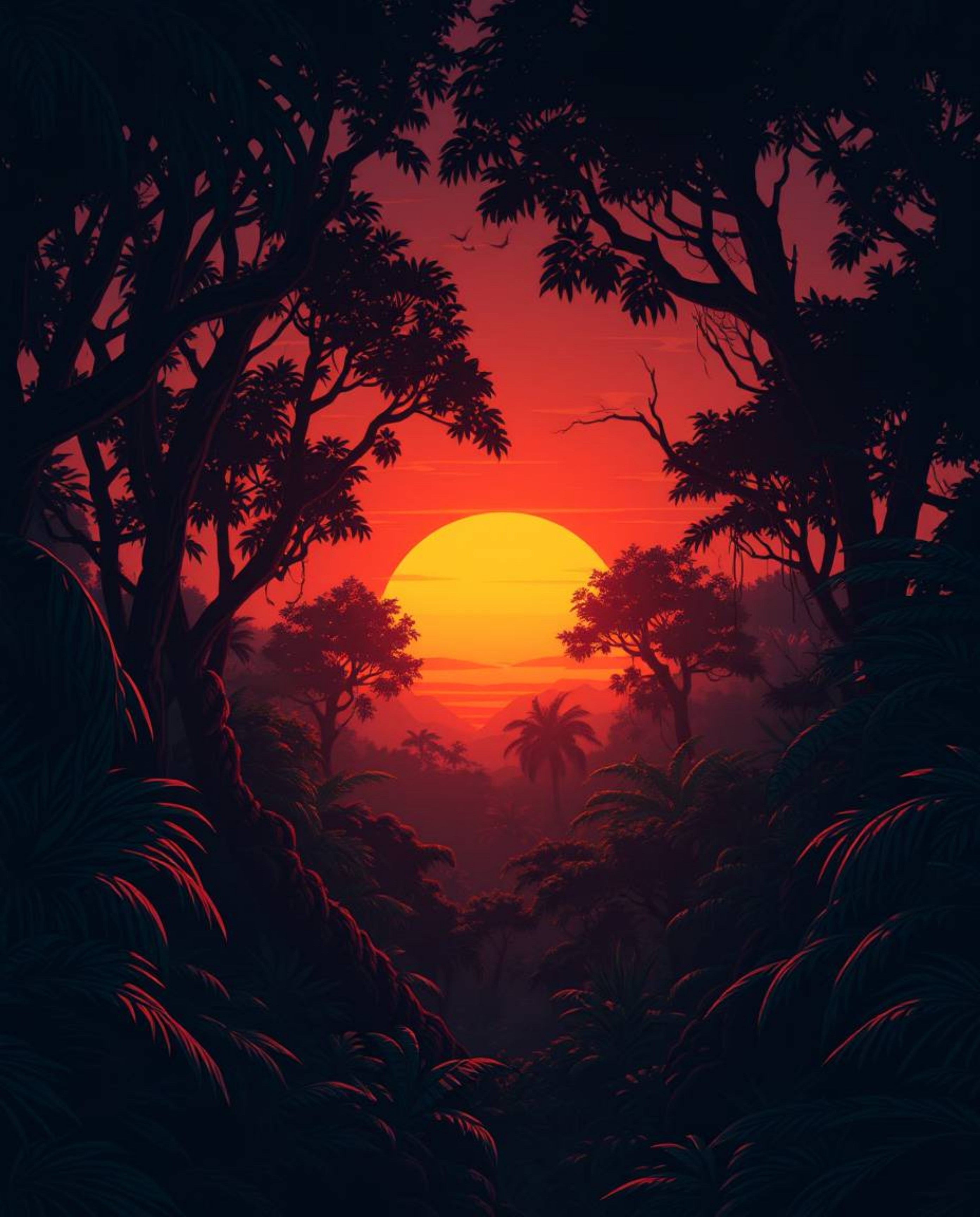 An Isekai anime style illustration depicts a sunset through a dense jungle canopy, creating an eerie and creepy atmosphere. T