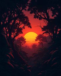 An Isekai anime style illustration depicts a sunset through a dense jungle canopy, creating an eerie and creepy atmosphere. T