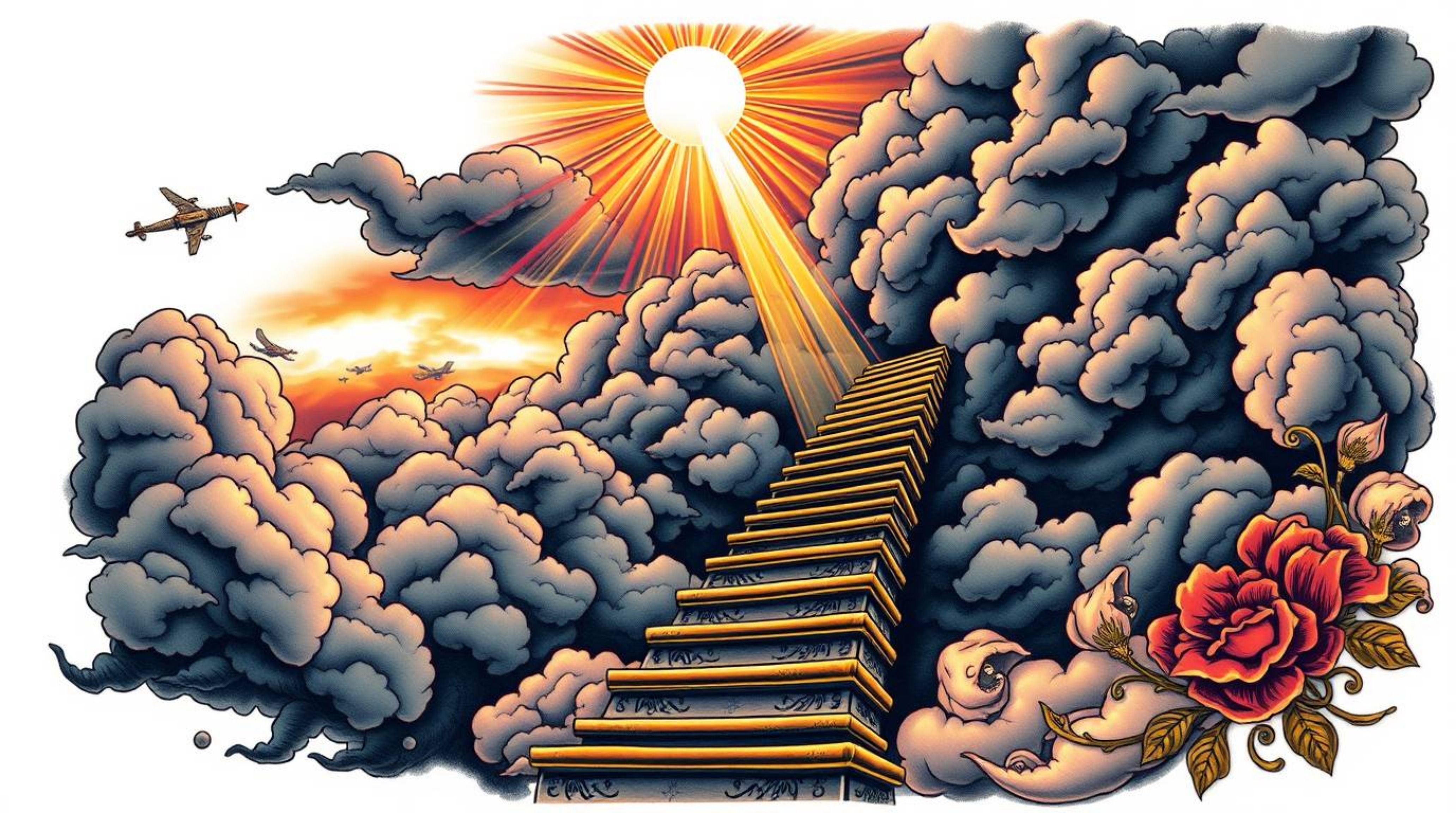 This artwork features a traditional tattoo-style print of a golden staircase ascending through clouds towards a radiant heave