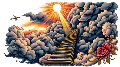This artwork features a traditional tattoo-style print of a golden staircase ascending through clouds towards a radiant heave