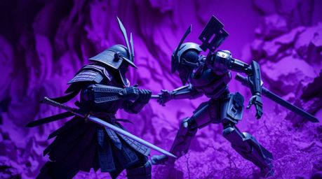 Immerse yourself in a dystopian world where deep ultraviolet hues illuminate a fierce battle between a layered papier-mâché s