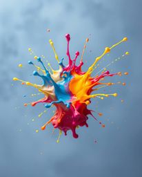 A stunning high-speed photograph capturing a vibrant paint splash suspended in mid-air, creating a surreal and captivating ef