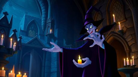 A captivating digital painting depicting a classic Disney villain casting a spell within the ancient walls of a castle. Cool