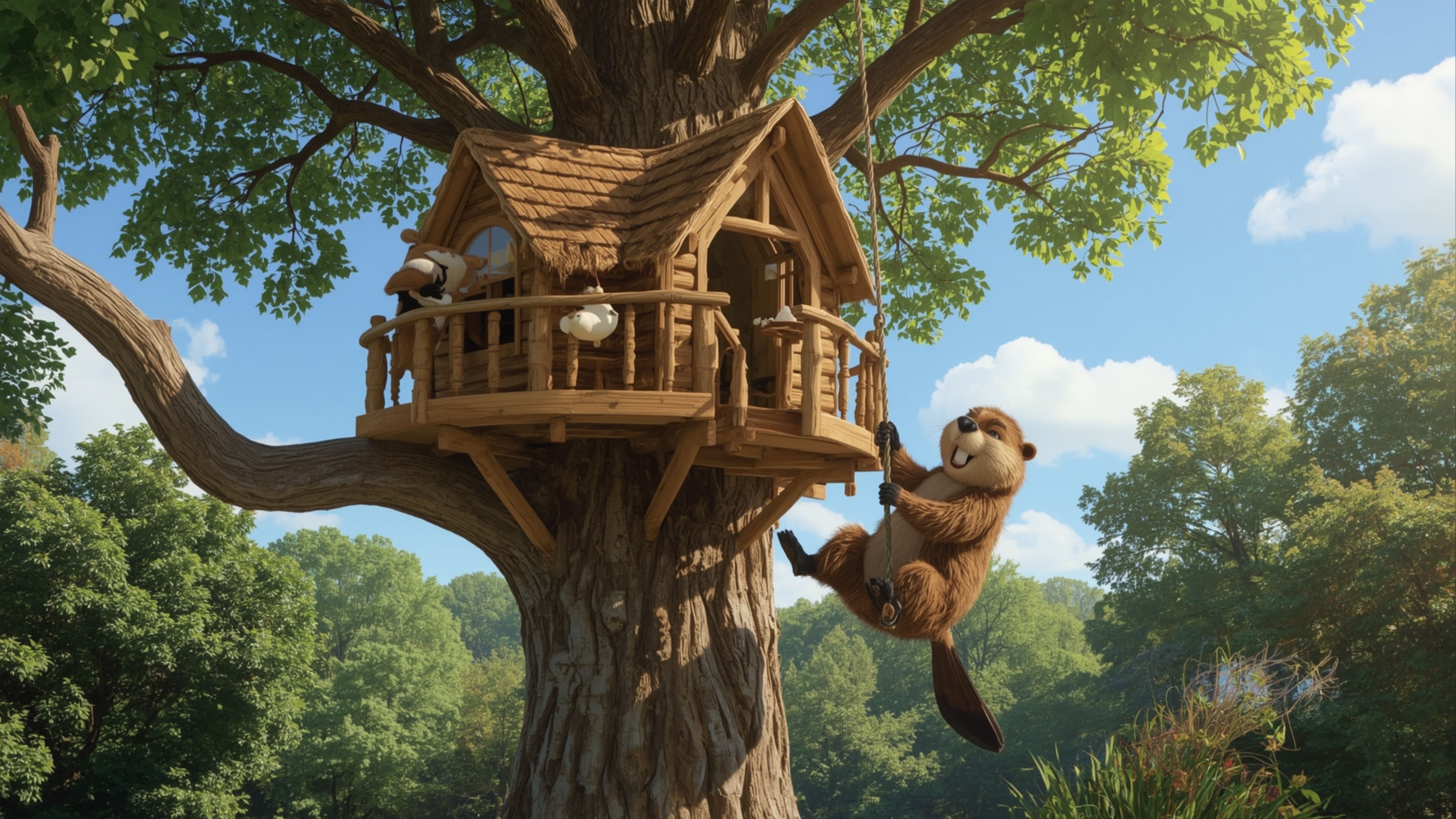 A highly detailed, high-resolution stock photo captures a friendly, anthropomorphic beaver, reminiscent of Pixar characters, 