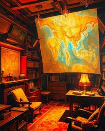 Experience a warm golden glow emanating from a bold acrylic painting in a dramatic cinematic style. A glowing map is projecte