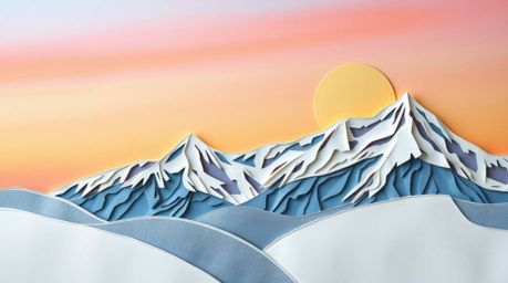 This stunning layered papier-mâché artwork captures the serene beauty of snow-capped mountains bathed in the warm glow of a p
