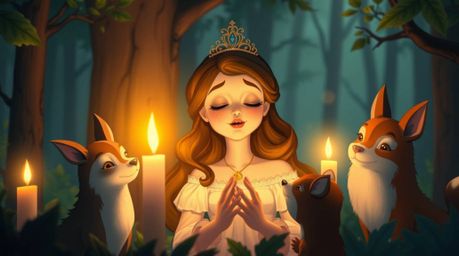 A radiant princess with light skin enchants forest animals in a vintage 2D animation, singing under the warm glow of candleli