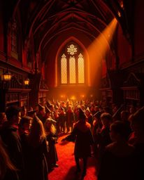 Explore a captivating magical school teeming with young wizards, bathed in the warm embrace of high-contrast, low-key lightin