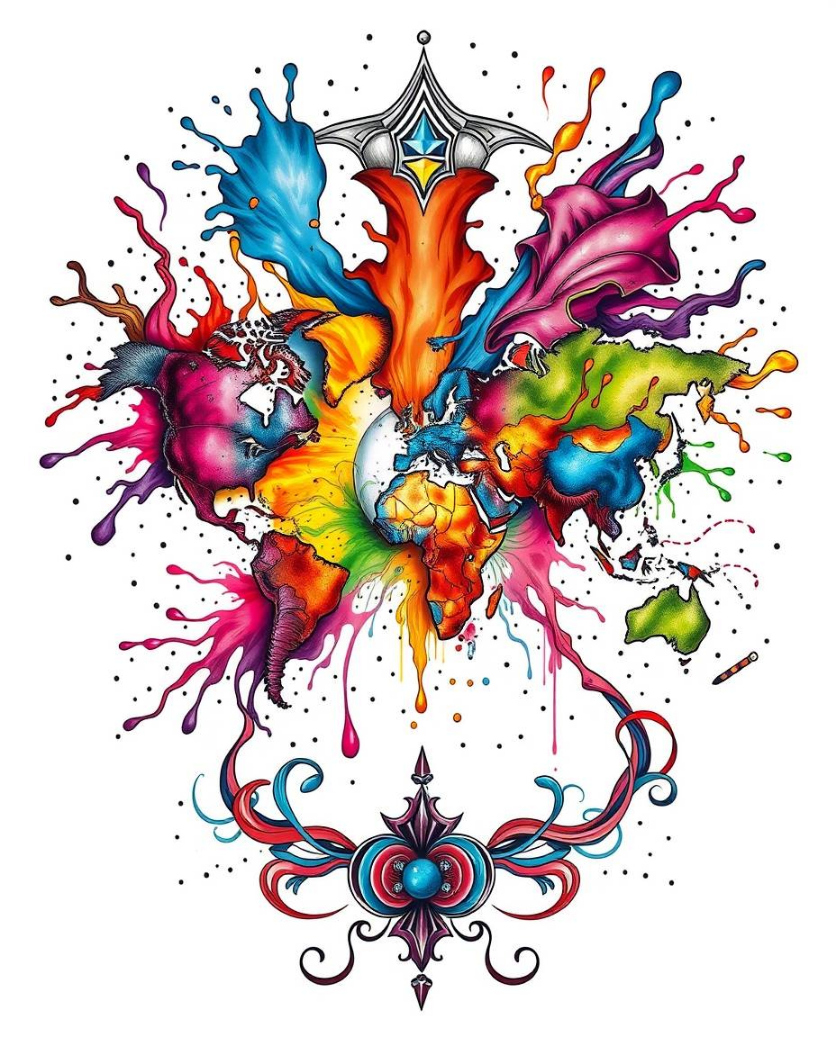 This striking art print combines symbolic traditional tattoo art with a vibrant and creative abstract concept. The epic scene