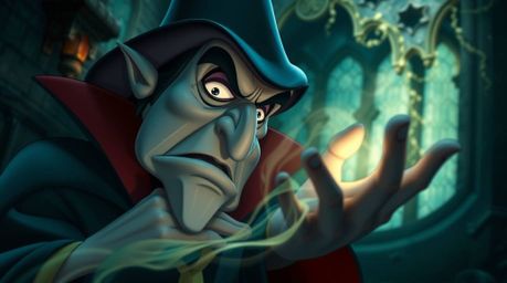 A captivating close-up shot showcasing a classic Disney villain engrossed in casting a spell within the aged walls of an old 