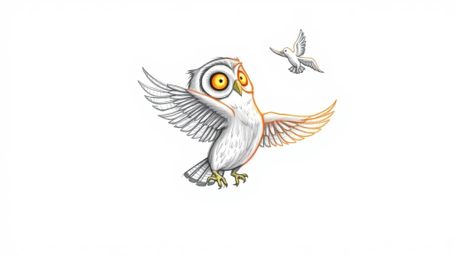 A hand-drawn sketch in Pixar style depicts a heartwarming scene of a blind owl teaching birds how to fly. The textured pencil