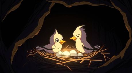 An Isekai anime-inspired depiction of two cartoon birds diligently building a nest using a classic animation style. The scene