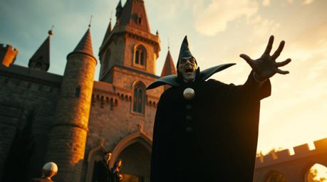 A dramatic cinematic scene depicts a classic Disney villain casting a powerful spell within the ancient walls of an old castl