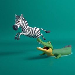 A vibrant 3D cartoon scene features a zebra leaping to avoid a playful crocodile. The scene is dominated by deep teal hues an