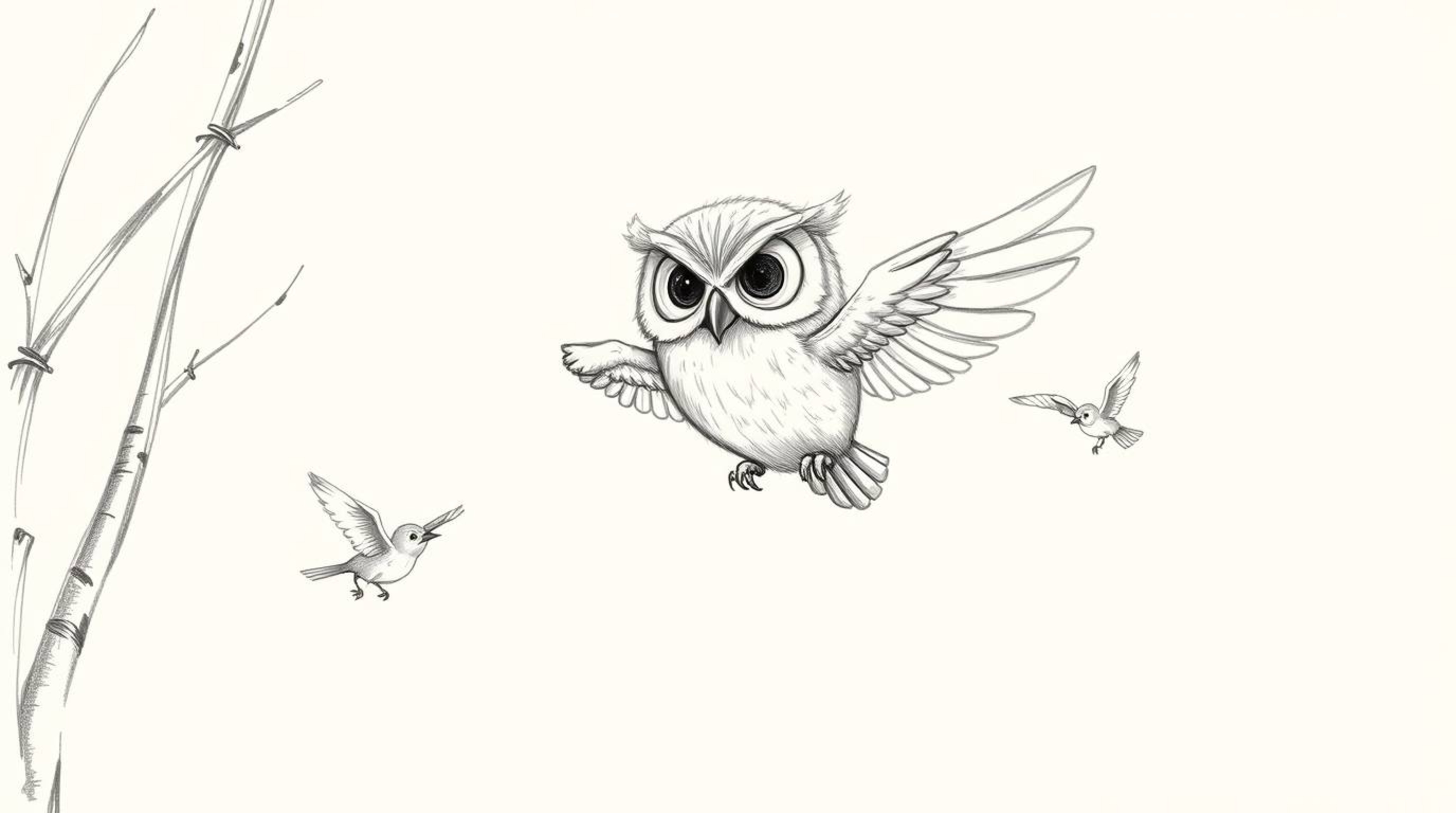 A heartwarming hand-drawn pencil sketch in the style of Pixar depicts a wise-looking, blind owl guiding a flock of small bird