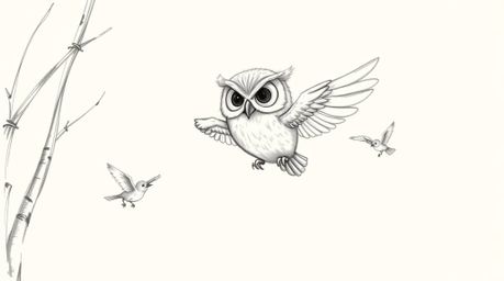 A heartwarming hand-drawn pencil sketch in the style of Pixar depicts a wise-looking, blind owl guiding a flock of small bird