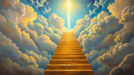 A captivating painting depicts a golden staircase ascending through ethereal clouds towards a radiant heaven. Sunlight pierce