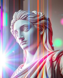 Explore the captivating fusion of classical sculpture and modern digital art with this striking piece featuring a colorful gl