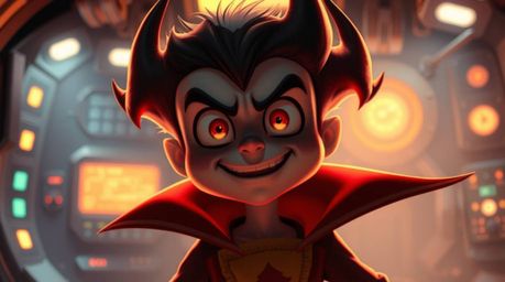 An adorable and charming villain with rosy cheeks and bright eyes experiences a funny breakdown in a warmly lit, high-tech la
