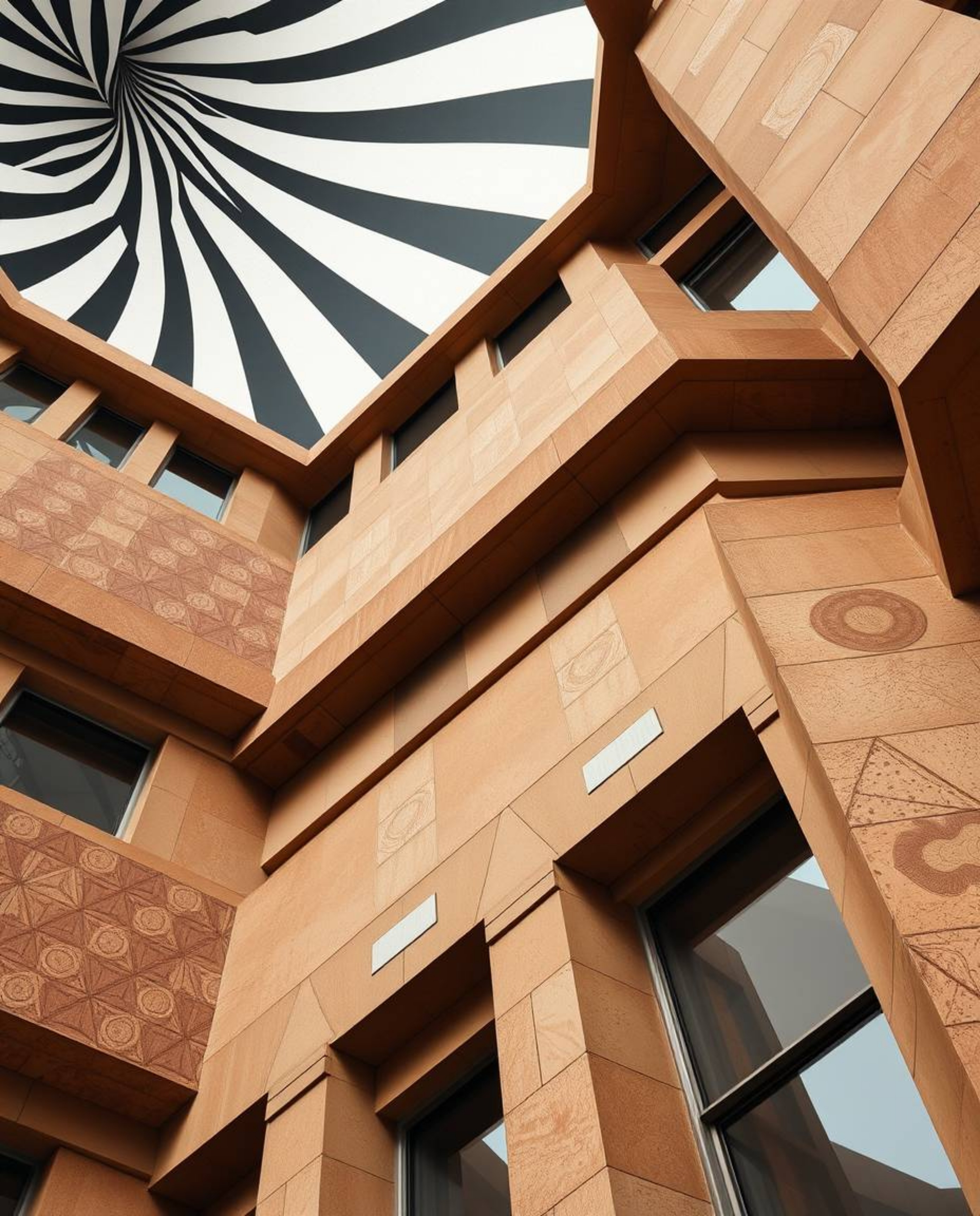 Explore precise architectural color photography showcasing natural earth tones, accentuated by a striking black and white geo