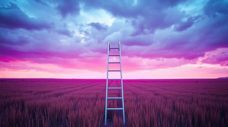 A dramatic cinematic light art piece featuring a minimalist scene: a silver ladder stands in an open field beneath a cloudy s