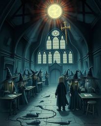 Explore a dreamlike and surreal illustration of a magical school teeming with young wizards. The atmosphere is eerie and cree
