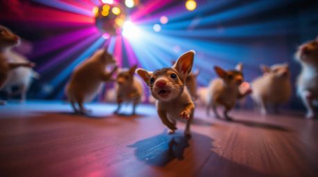 A captivating long exposure photograph depicts a vibrant animal dance party illuminated by dazzling disco lights.  The image 