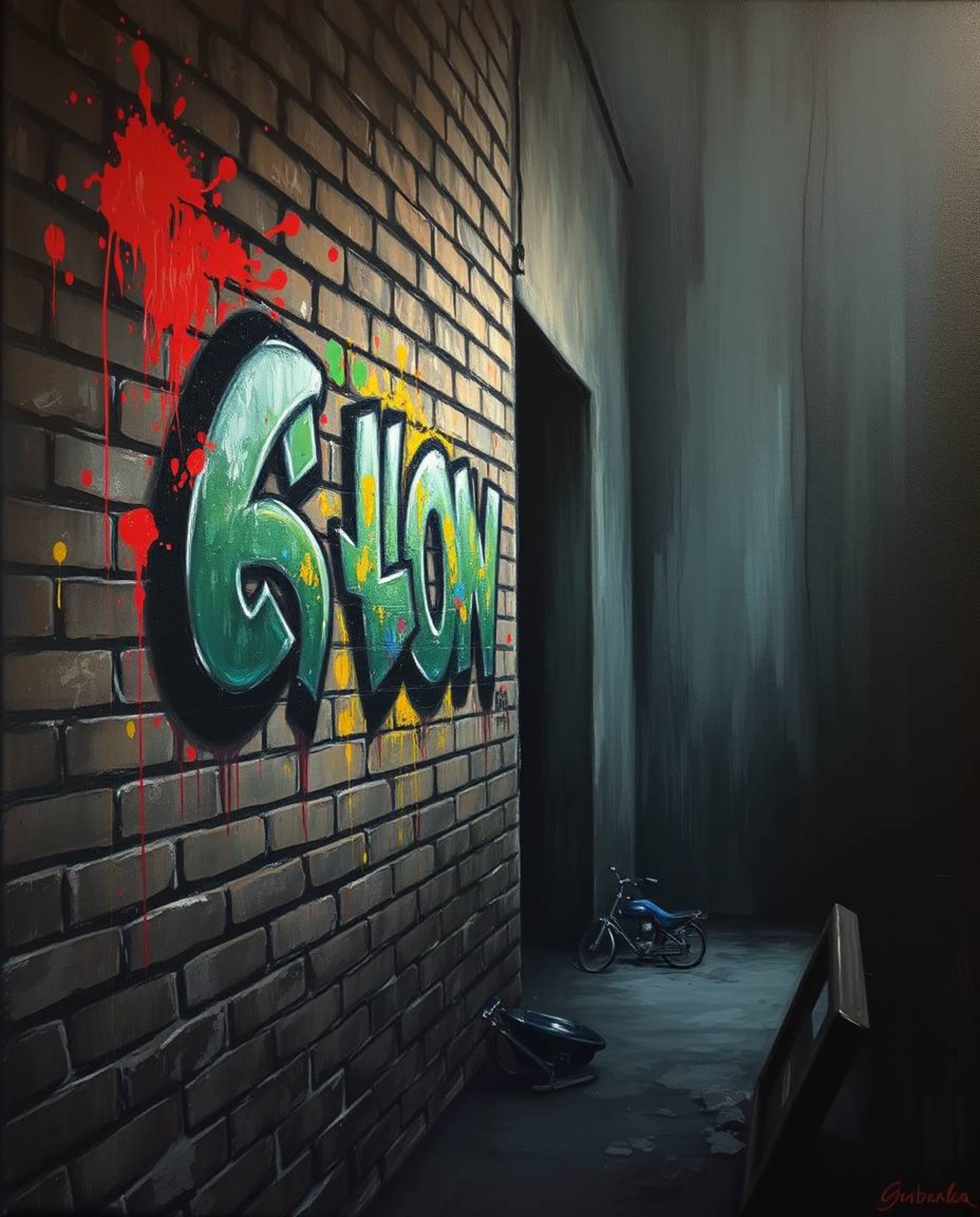 A classic oil painting evokes an eerie, creepy atmosphere with vibrant graffiti-style splashes on a textured brick wall.  The