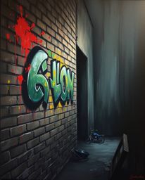 A classic oil painting evokes an eerie, creepy atmosphere with vibrant graffiti-style splashes on a textured brick wall.  The