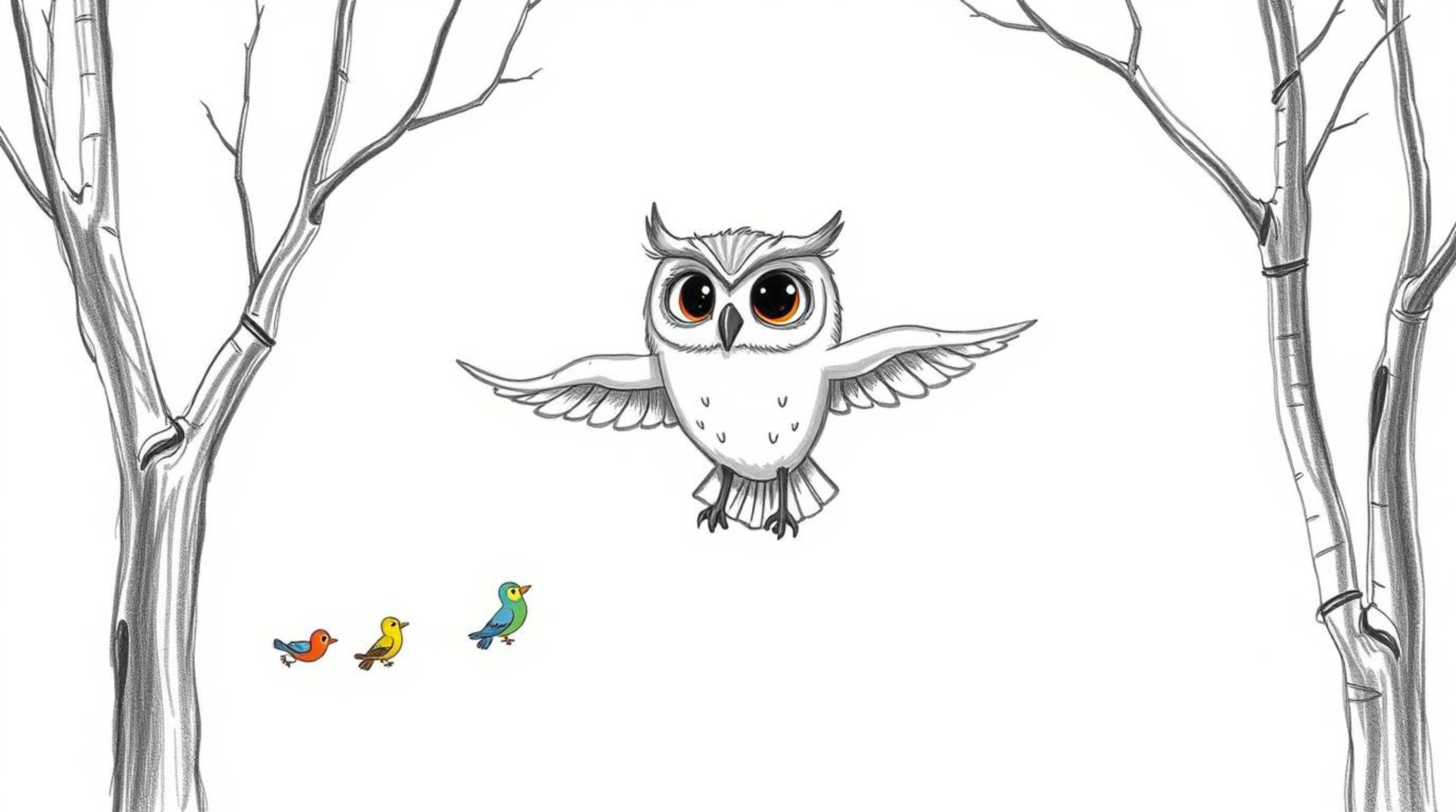 A charming hand-drawn sketch in the style of Pixar depicts a wise, blind owl gliding gracefully between trees, guiding a floc