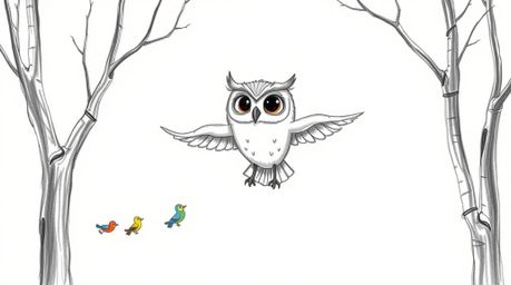 A charming hand-drawn sketch in the style of Pixar depicts a wise, blind owl gliding gracefully between trees, guiding a floc