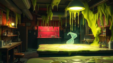 A captivating image of a science lab bathed in an ethereal glow, its surfaces covered in vibrant slime. This surreal scene ev