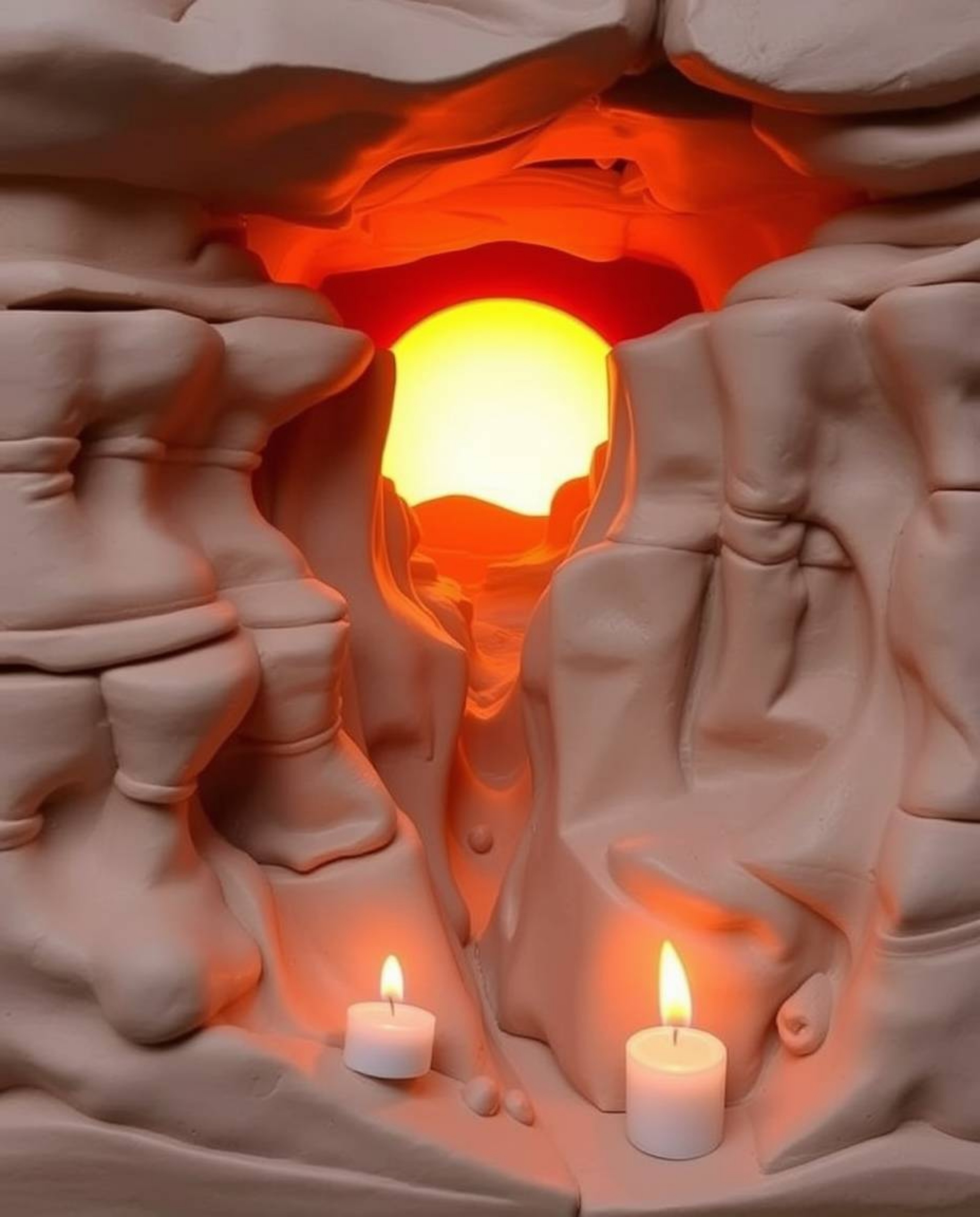 This sculptural clay art piece depicts a sunset illuminating sandstone cliffs in a canyon. The artwork features modeled shape