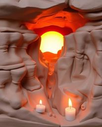 This sculptural clay art piece depicts a sunset illuminating sandstone cliffs in a canyon. The artwork features modeled shape