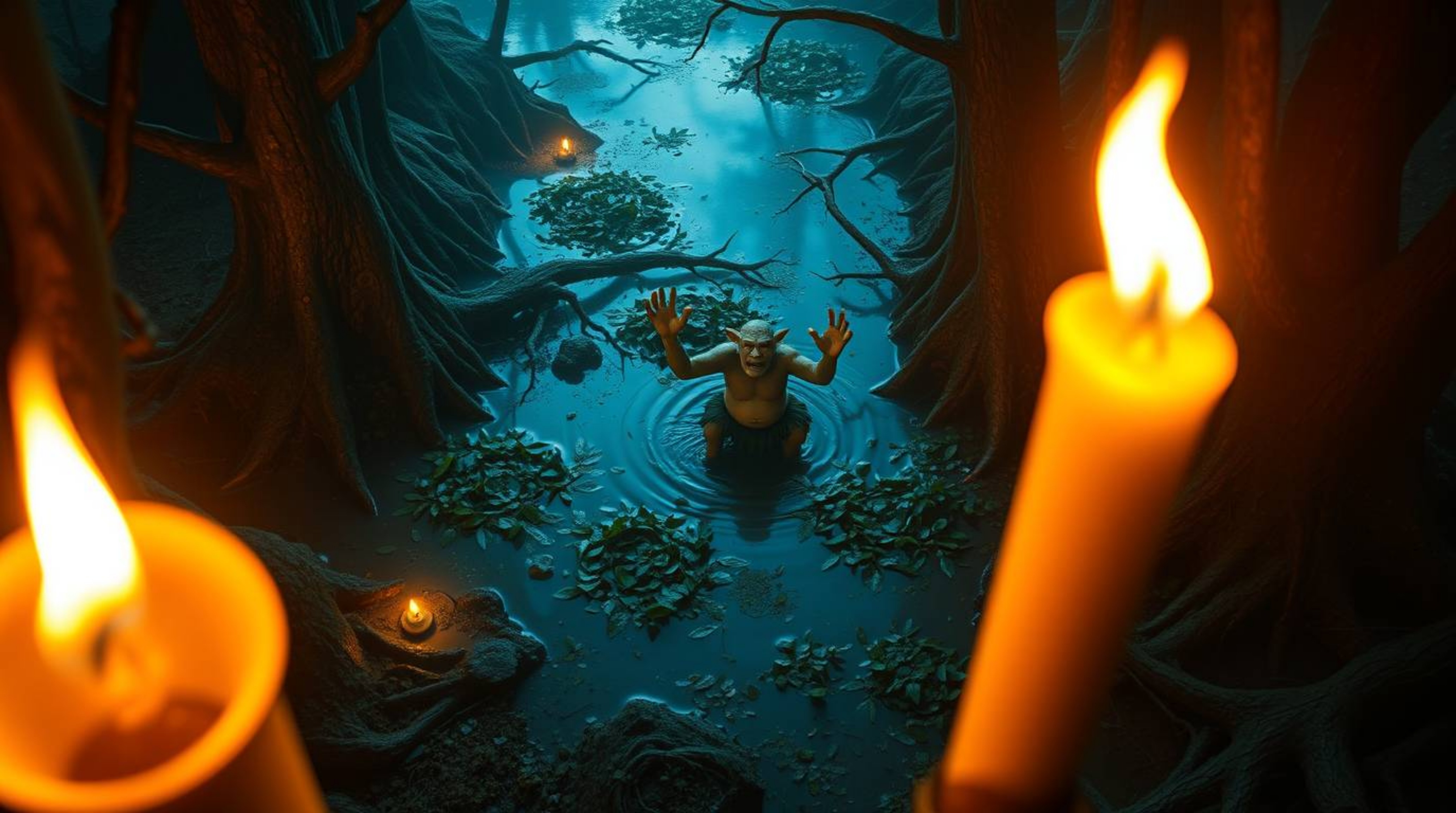 A captivating high-angle shot depicts a whimsical ogre joyfully dancing in a swampy landscape.  The warm glow of flickering c