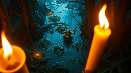 A captivating high-angle shot depicts a whimsical ogre joyfully dancing in a swampy landscape.  The warm glow of flickering c