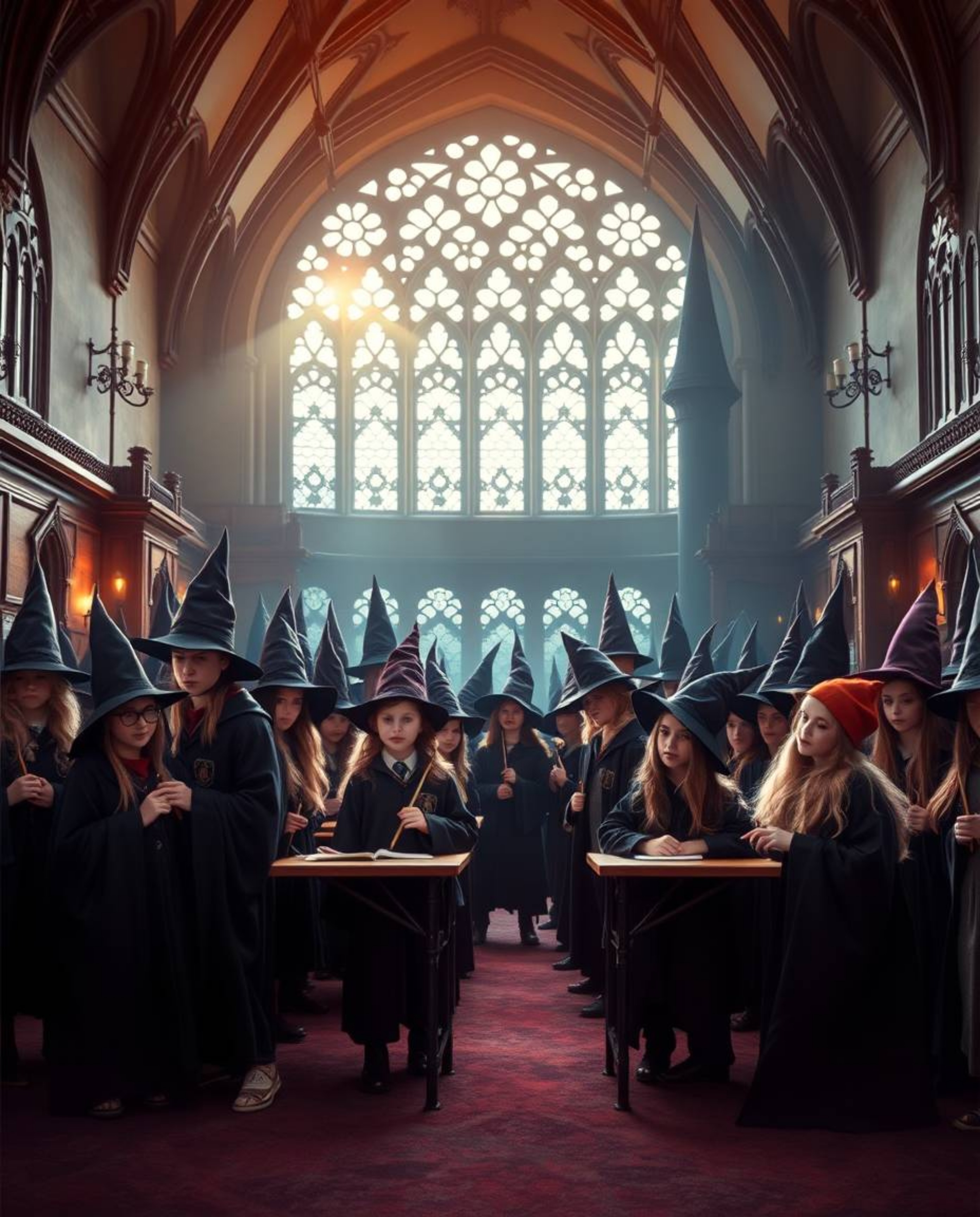 Discover a captivating high-resolution stock photo depicting a magical school brimming with young wizards. This professional,