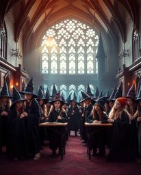 Discover a captivating high-resolution stock photo depicting a magical school brimming with young wizards. This professional,