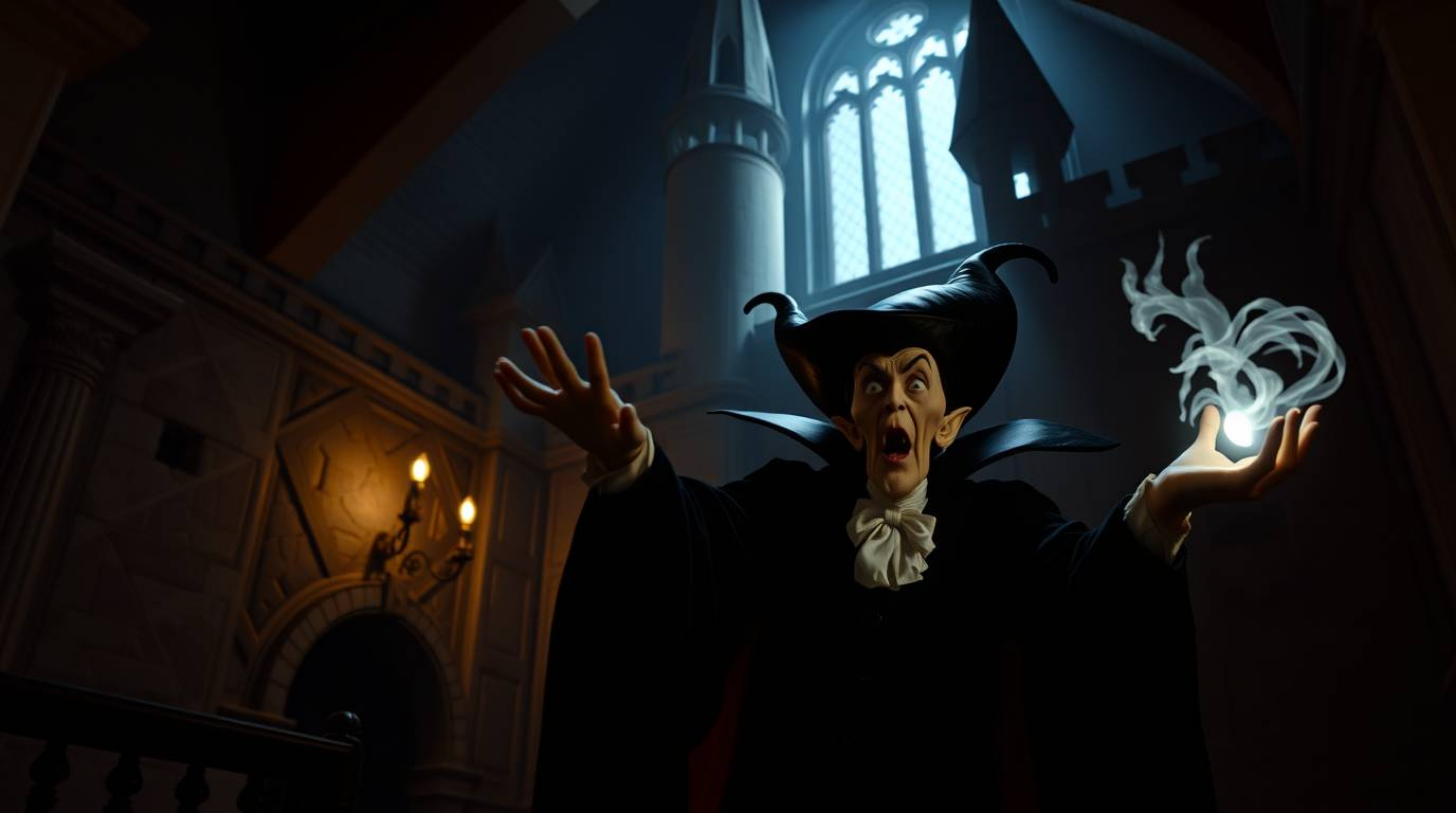 Experience a captivating fine art photograph depicting a classic Disney villain casting a spell within the aged walls of an a